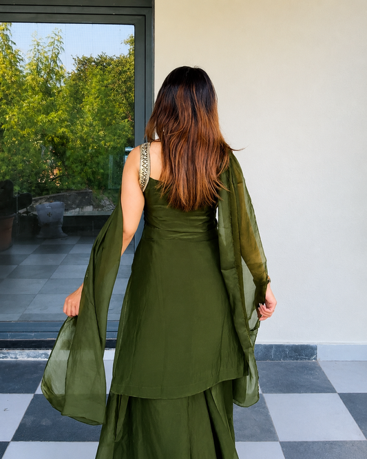 LooksValley Olive Green Embroidered Kurta Set with Palazzo & Dupatta | Women's Festive Party Wear Suit