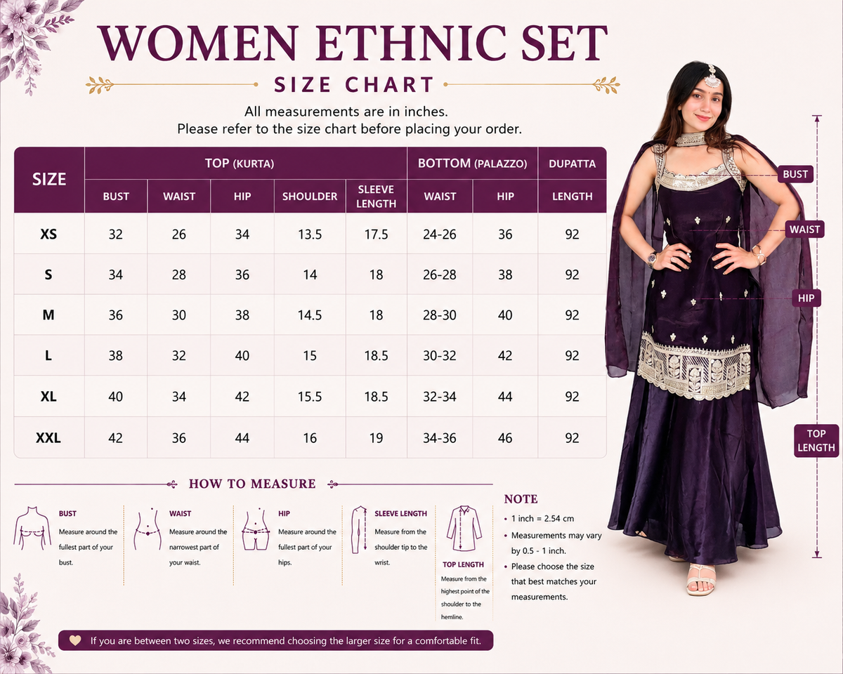 LooksValley Deep Plum Embroidered Kurta Set with Sharara & Dupatta | Designer Festive Ethnic Wear for Women