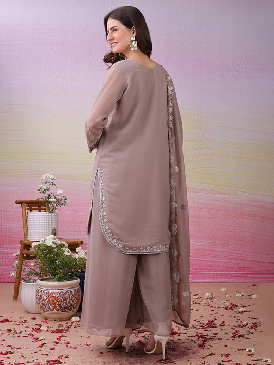 LooksValley Beige Georgette Embroidered Kurta Set with Palazzo & Dupatta | Elegant Party Wear Ethnic Suit for Women (Copy)