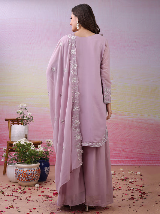 LooksValley Lavender Georgette Embroidered Kurta Set with Palazzo & Dupatta | Elegant Party Wear Ethnic Suit for Women