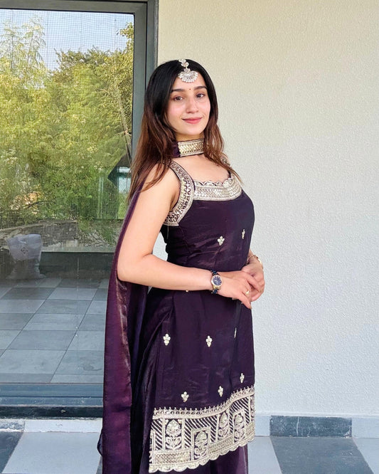 LooksValley Deep Plum Embroidered Kurta Set with Sharara & Dupatta | Designer Festive Ethnic Wear for Women