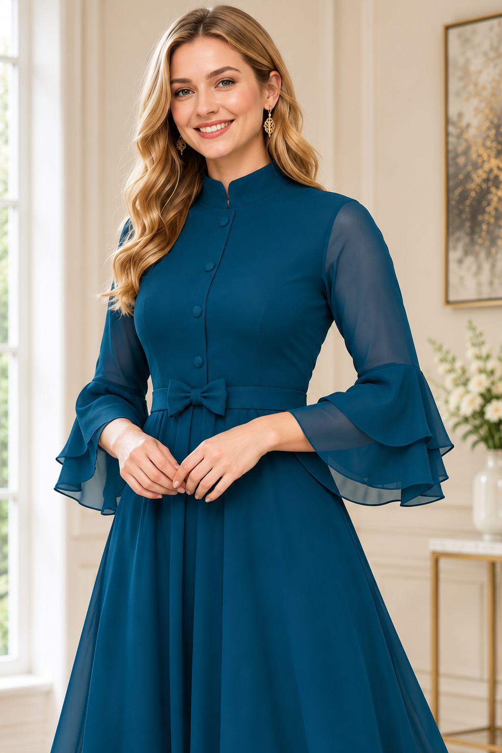 LooksValley Teal Blue Georgette Maxi Dress for Women | Elegant Party Wear Flared Gown