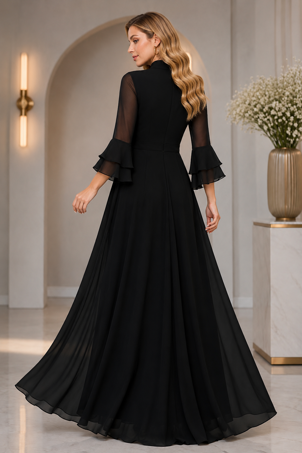 LooksValley Black Georgette Maxi Dress for Women | Elegant Party Wear Flared Gown