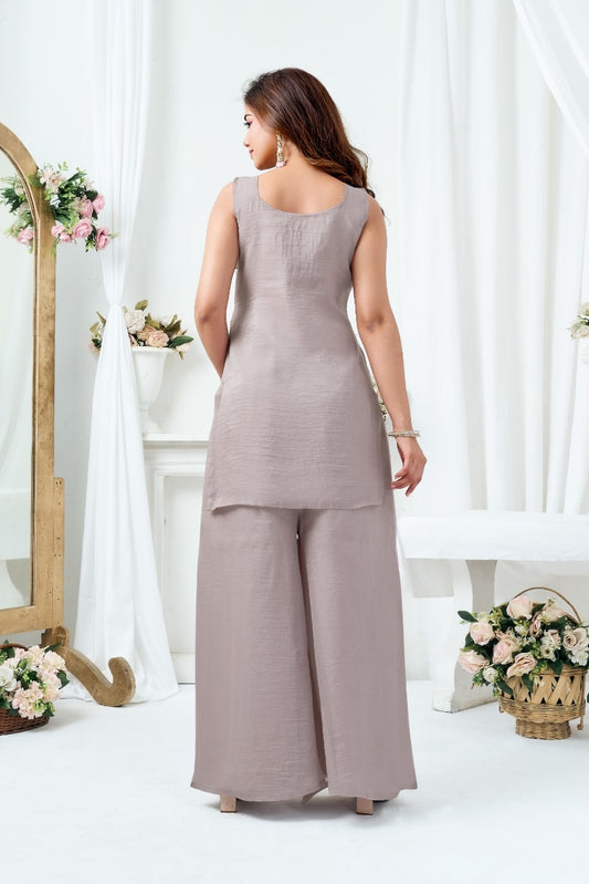 LooksValley Grey Beads Sequence Kurta Set with Palazzo & Dupatta | Women's Festive Party Wear Suit