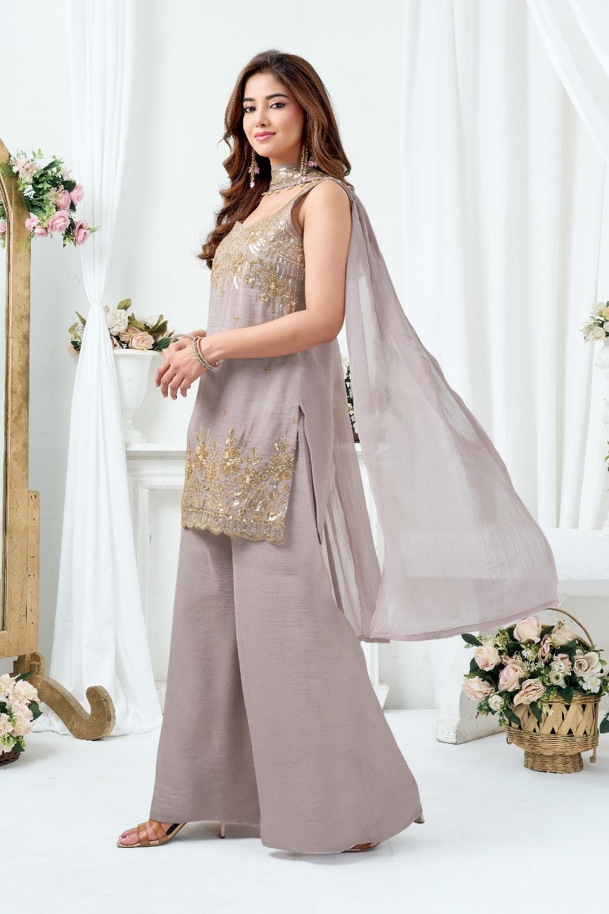 LooksValley Grey Beads Sequence Kurta Set with Palazzo & Dupatta | Women's Festive Party Wear Suit