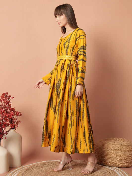 Women's Yellow Printed Flared Maxi Dress with Waist Detail