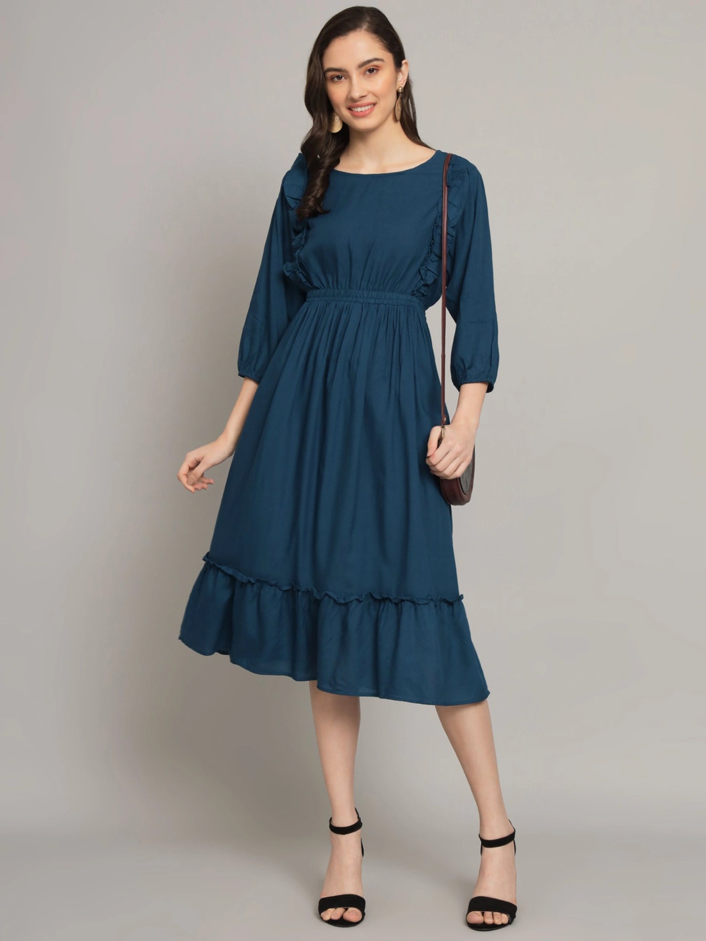 Women's Ruffle Detail Smocked Waist Midi Dress – Elegant Long Sleeve Casual Dress