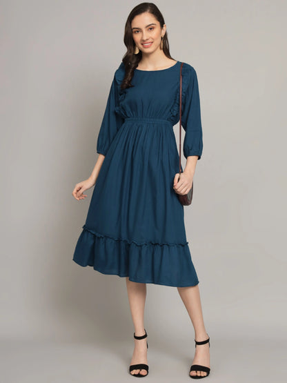 Women's Ruffle Detail Smocked Waist Midi Dress – Elegant Long Sleeve Casual Dress
