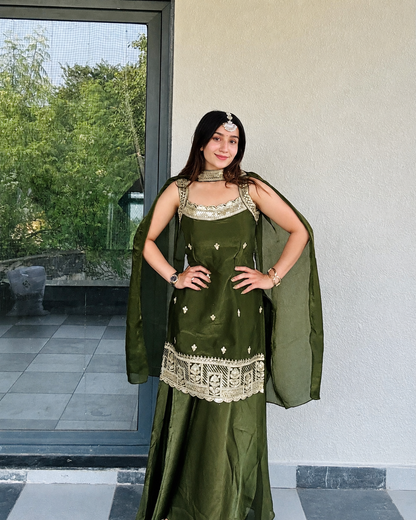 LooksValley Olive Green Embroidered Kurta Set with Palazzo & Dupatta | Women's Festive Party Wear Suit