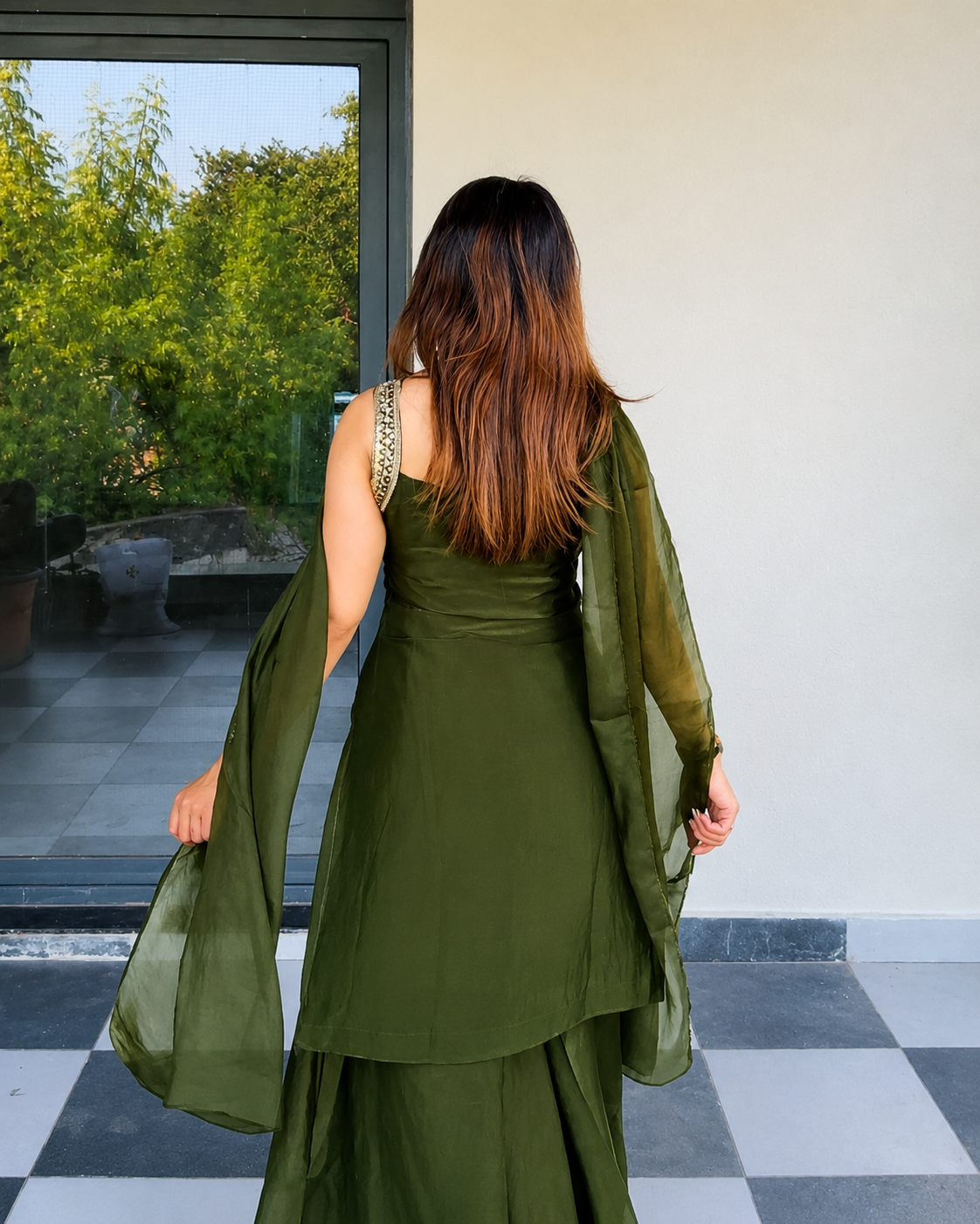 LooksValley Olive Green Embroidered Kurta Set with Palazzo & Dupatta | Women's Festive Party Wear Suit