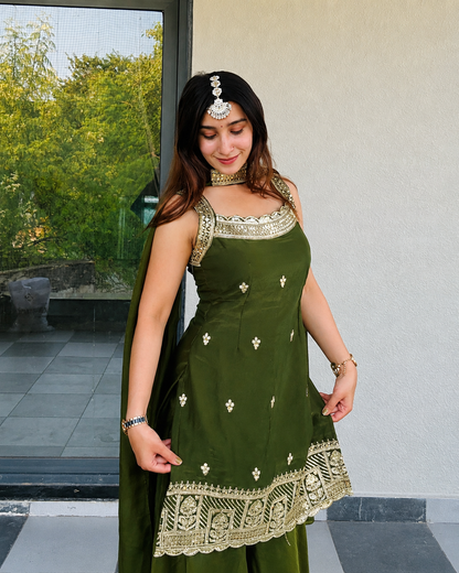 LooksValley Olive Green Embroidered Kurta Set with Palazzo & Dupatta | Women's Festive Party Wear Suit