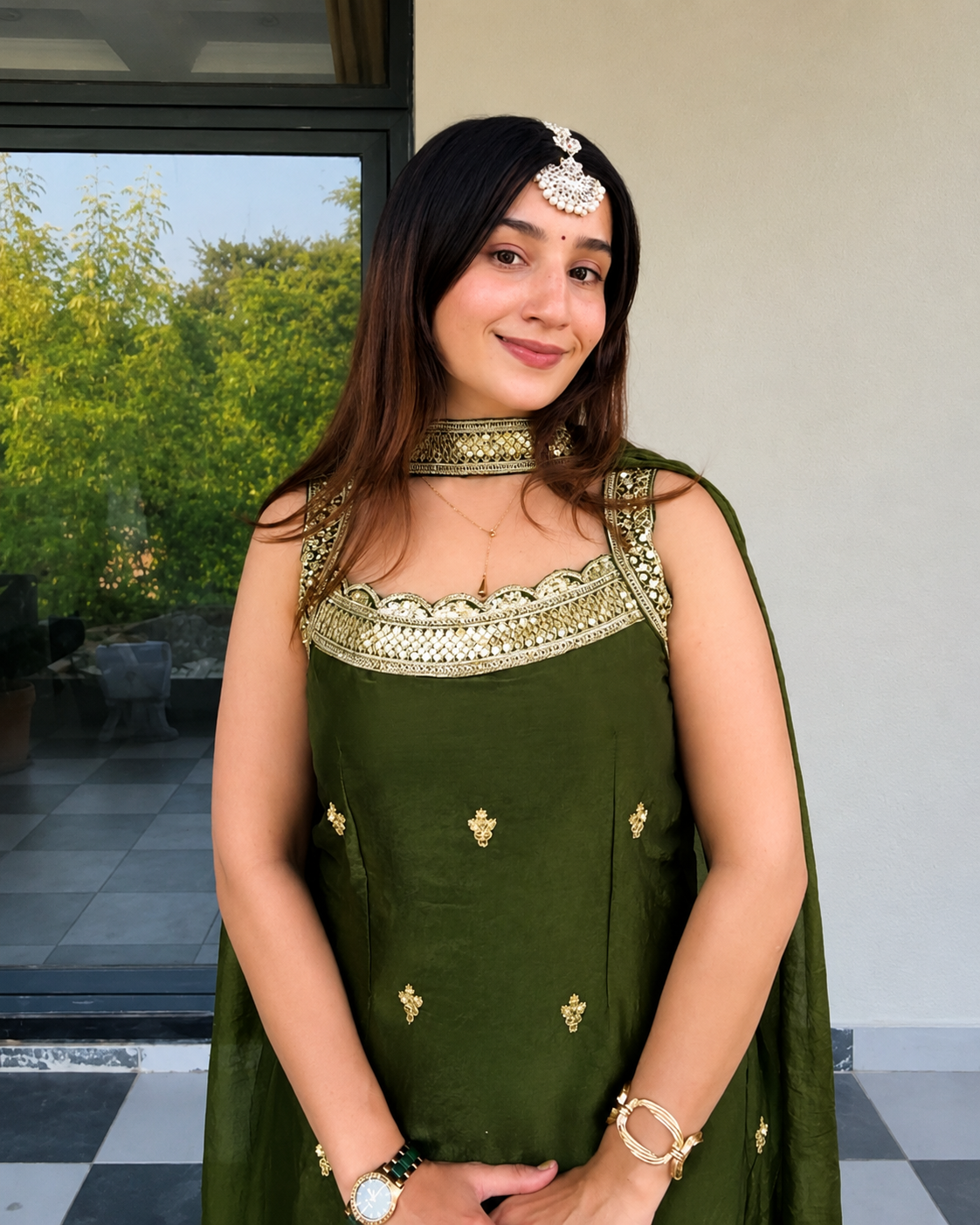 LooksValley Olive Green Embroidered Kurta Set with Palazzo & Dupatta | Women's Festive Party Wear Suit