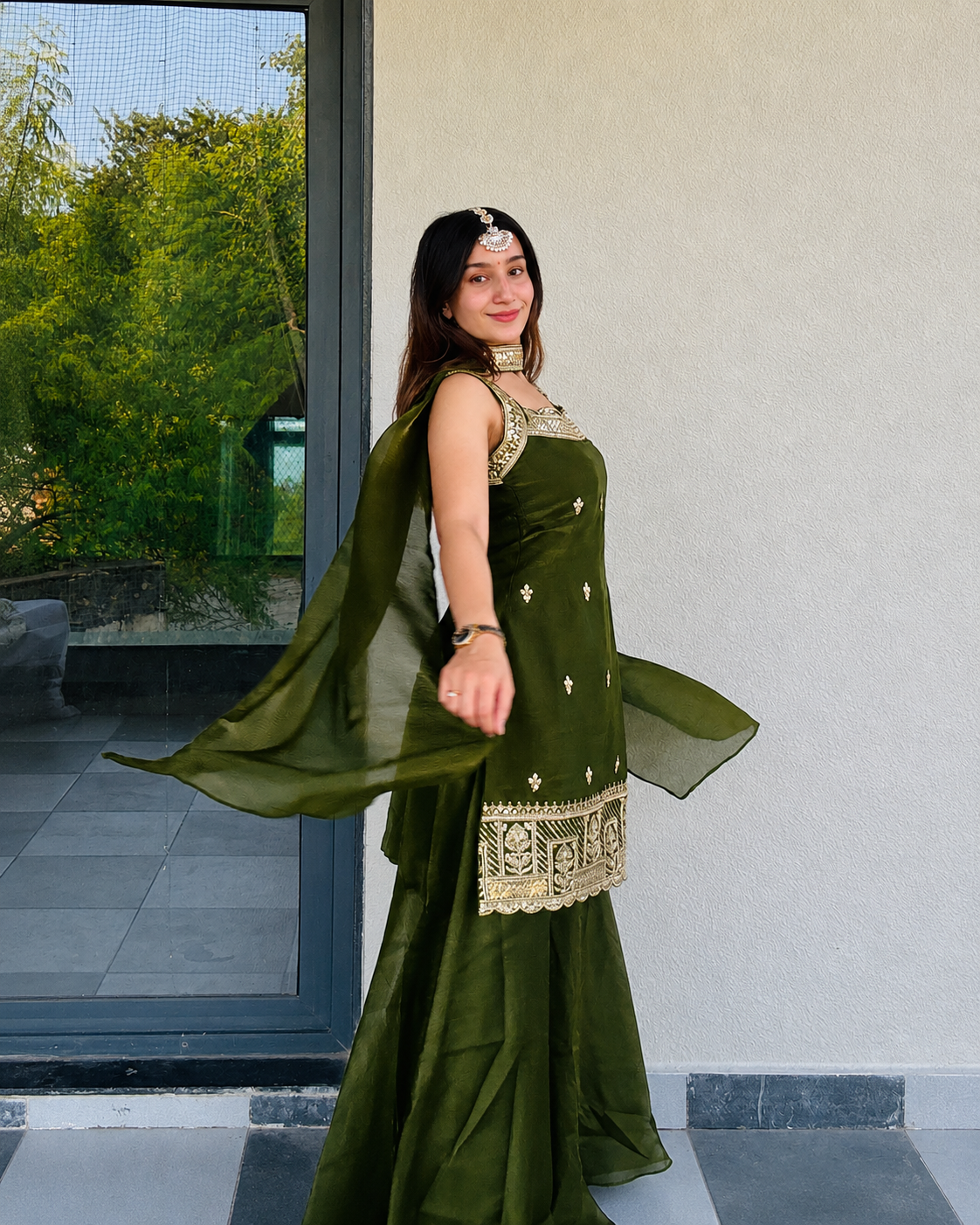 LooksValley Olive Green Embroidered Kurta Set with Palazzo & Dupatta | Women's Festive Party Wear Suit