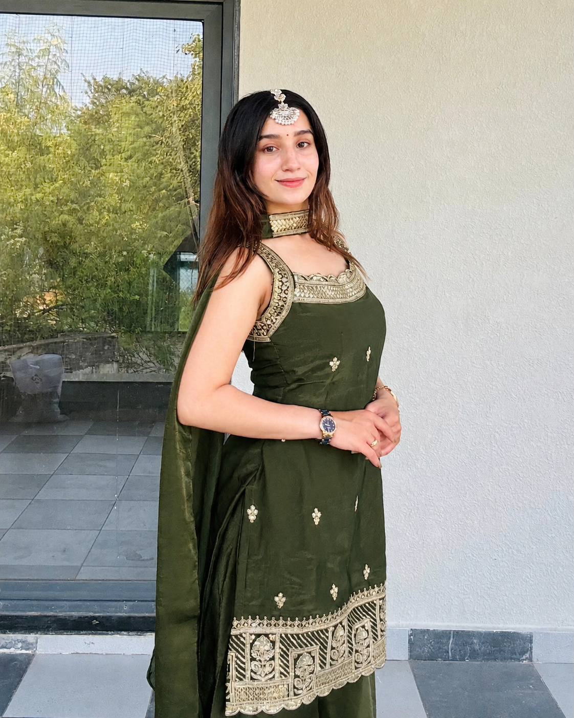 LooksValley Olive Green Embroidered Kurta Set with Palazzo & Dupatta | Women's Festive Party Wear Suit