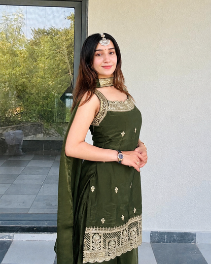 LooksValley Olive Green Embroidered Kurta Set with Palazzo & Dupatta | Women's Festive Party Wear Suit