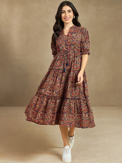 Women's Paisley Printed Tiered Midi Dress with Mandarin Collar