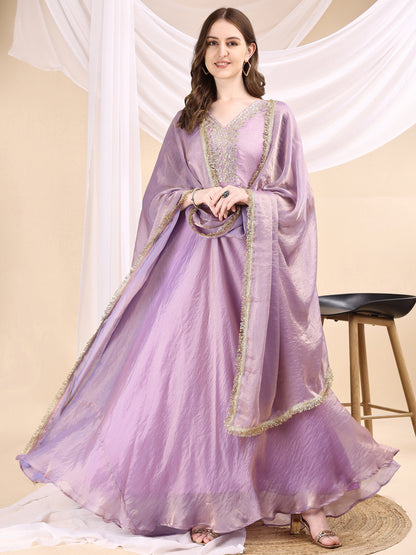 Women's Embroidered Anarkali Gown with Dupatta & Flared Silhouette