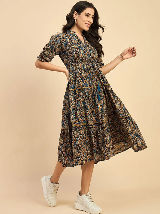 Women's Paisley Printed Tiered Midi Dress with Mandarin Collar