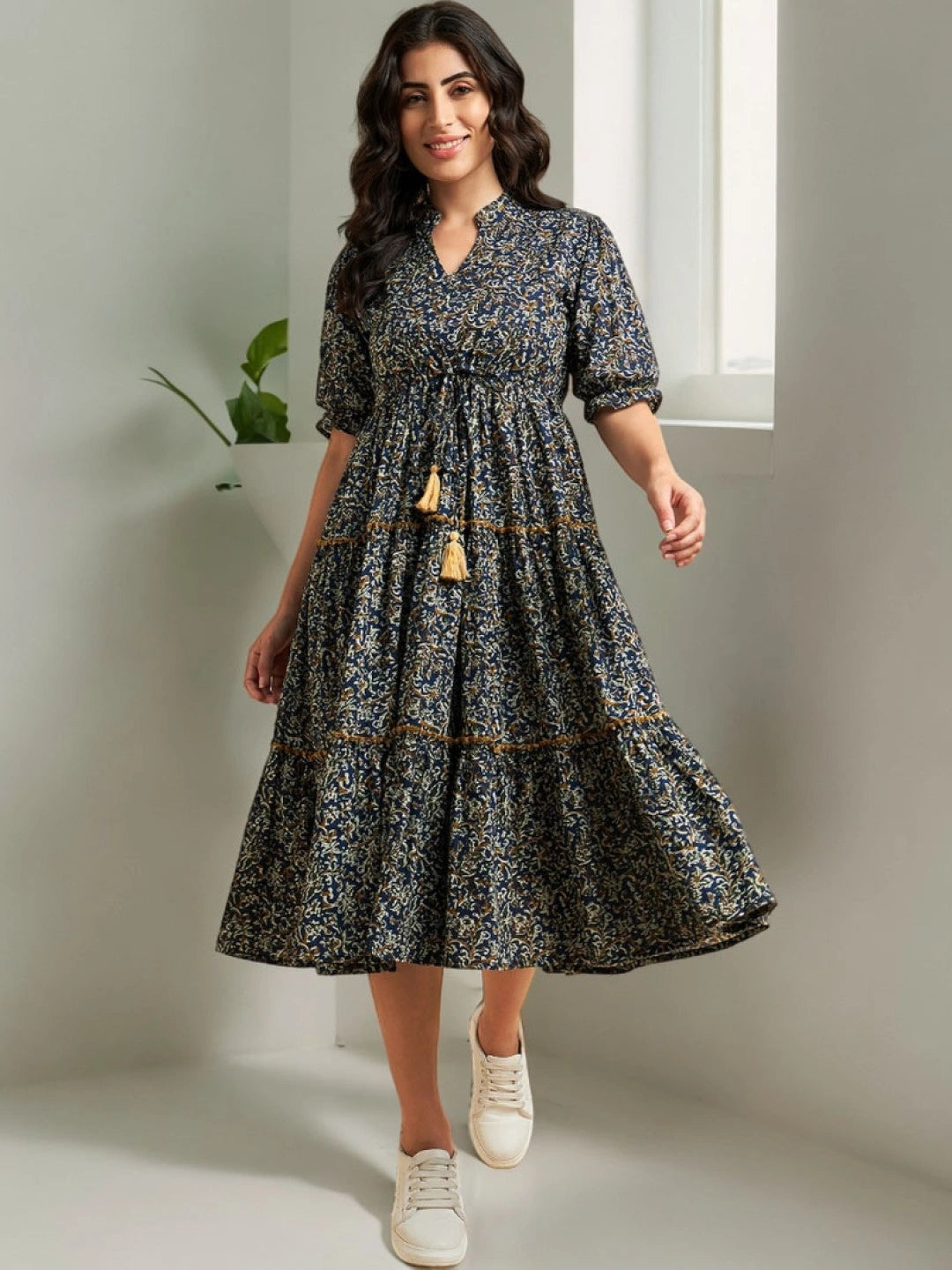 Women's Paisley Printed Tiered Midi Dress with Mandarin Collar