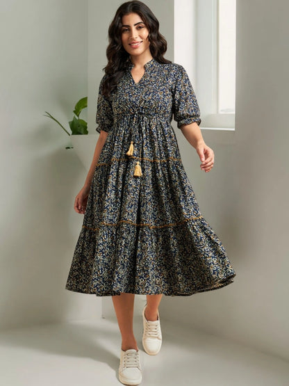 Women's Paisley Printed Tiered Midi Dress with Mandarin Collar