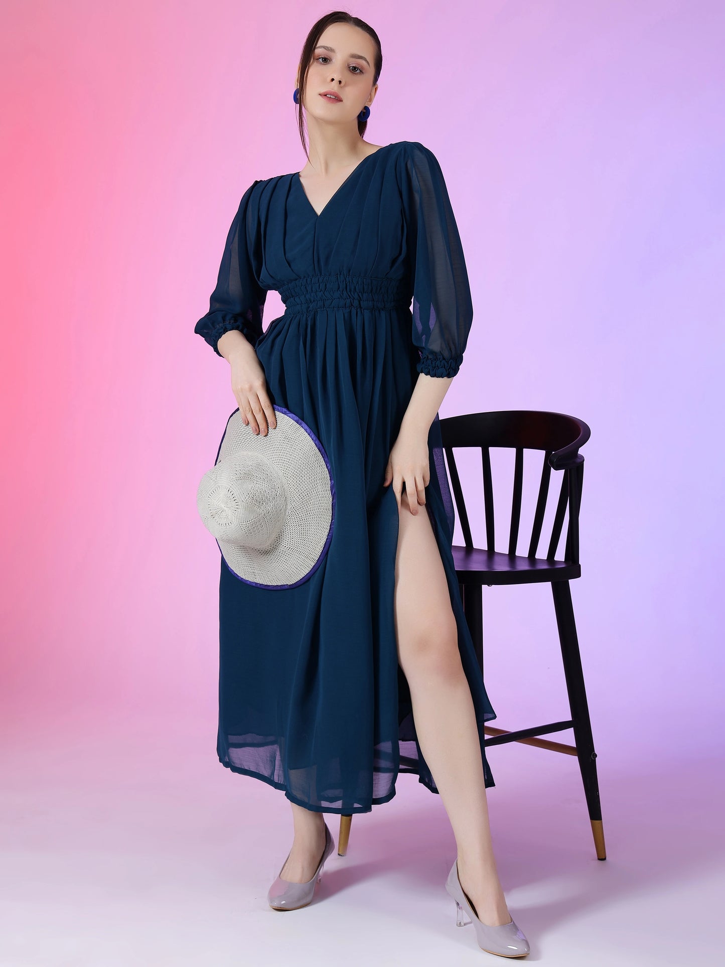 Women's Solid V-Neck Maxi Dress with Smocked Waist & Long Sleeves