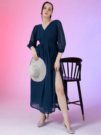 Women's Solid V-Neck Maxi Dress with Smocked Waist & Long Sleeves