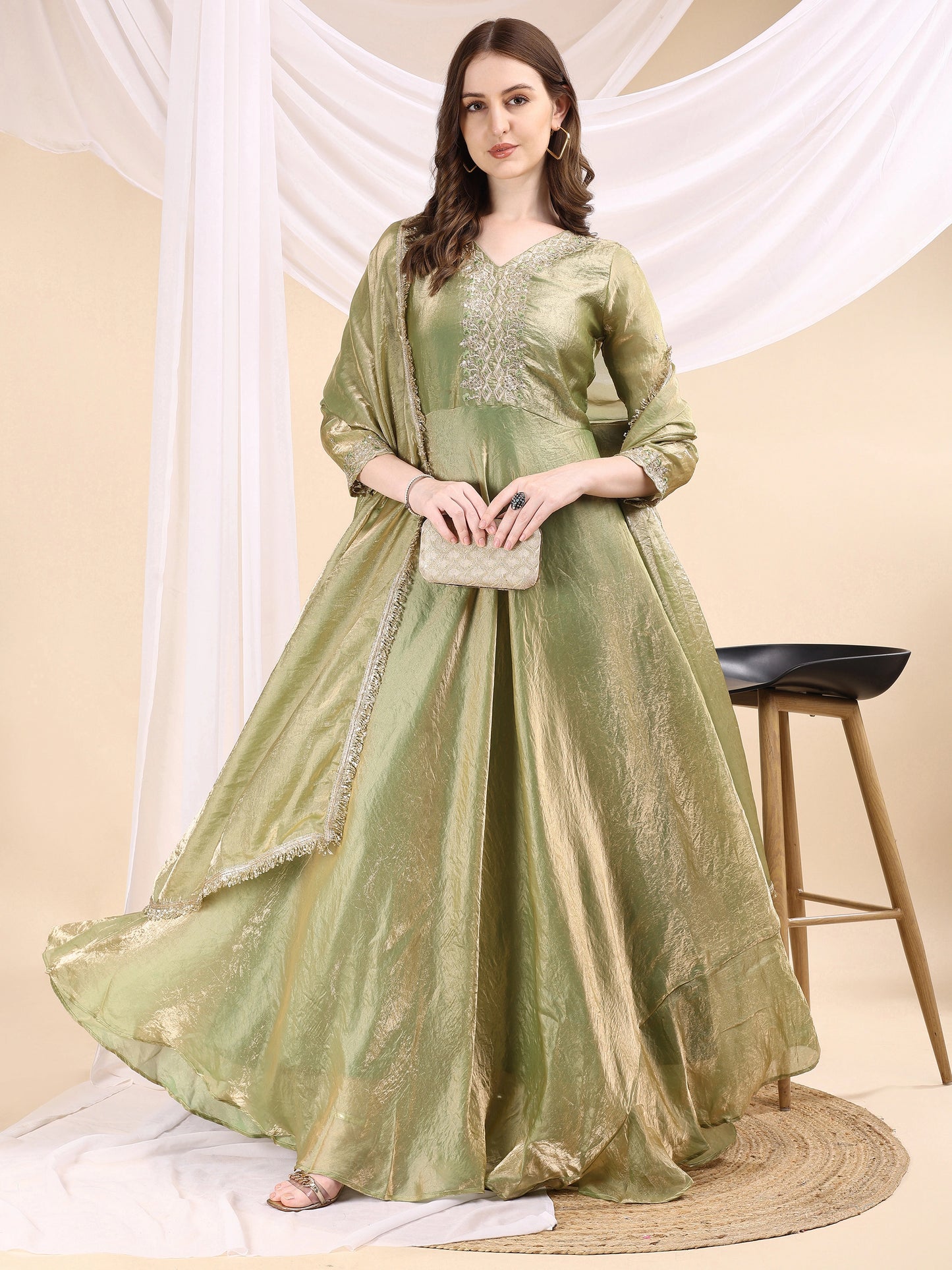 Women's Embroidered Anarkali Gown with Dupatta & Flared Silhouette