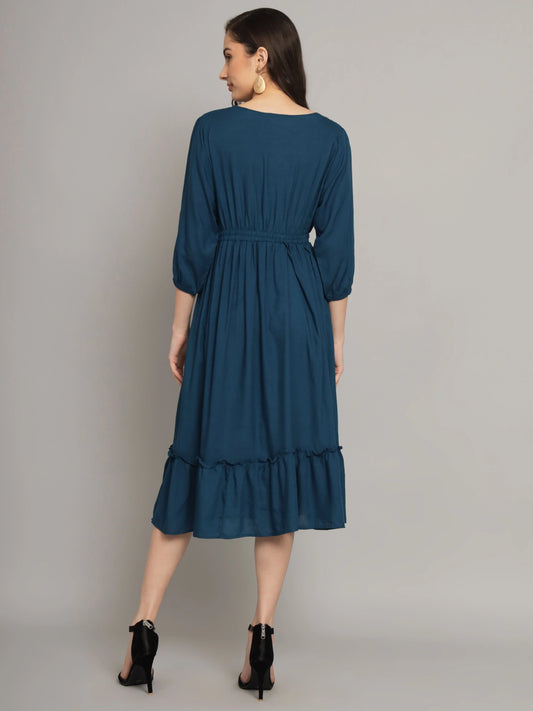 Women's Ruffle Detail Smocked Waist Midi Dress – Elegant Long Sleeve Casual Dress