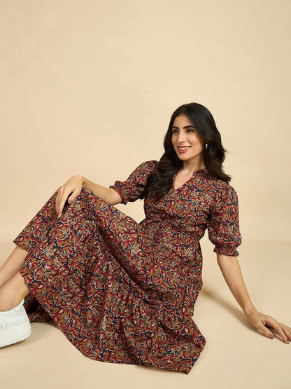 Women's Paisley Printed Tiered Midi Dress with Mandarin Collar