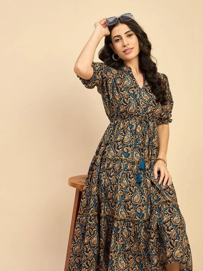 Women's Paisley Printed Tiered Midi Dress with Mandarin Collar