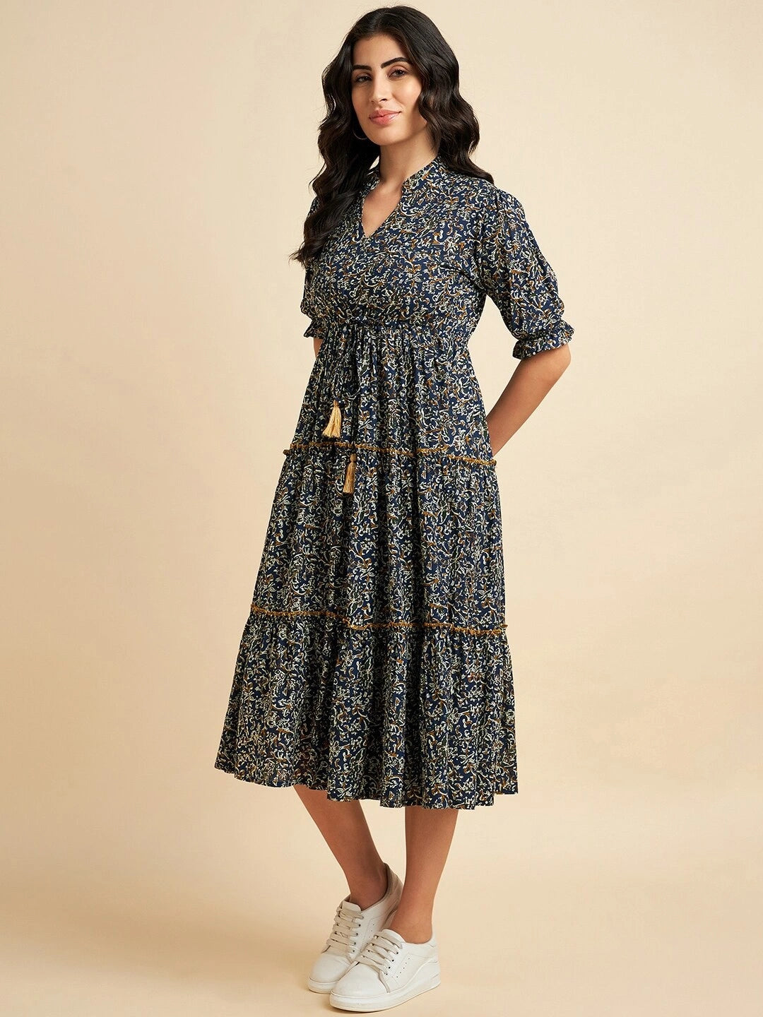 Women's Paisley Printed Tiered Midi Dress with Mandarin Collar