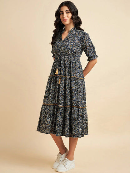 Women's Paisley Printed Tiered Midi Dress with Mandarin Collar