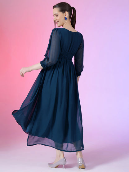 Women's Solid V-Neck Maxi Dress with Smocked Waist & Long Sleeves