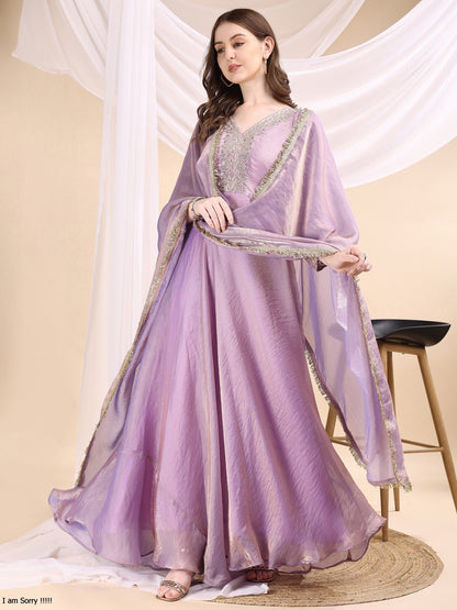Lavender Embroidered Anarkali Gown with Dupatta