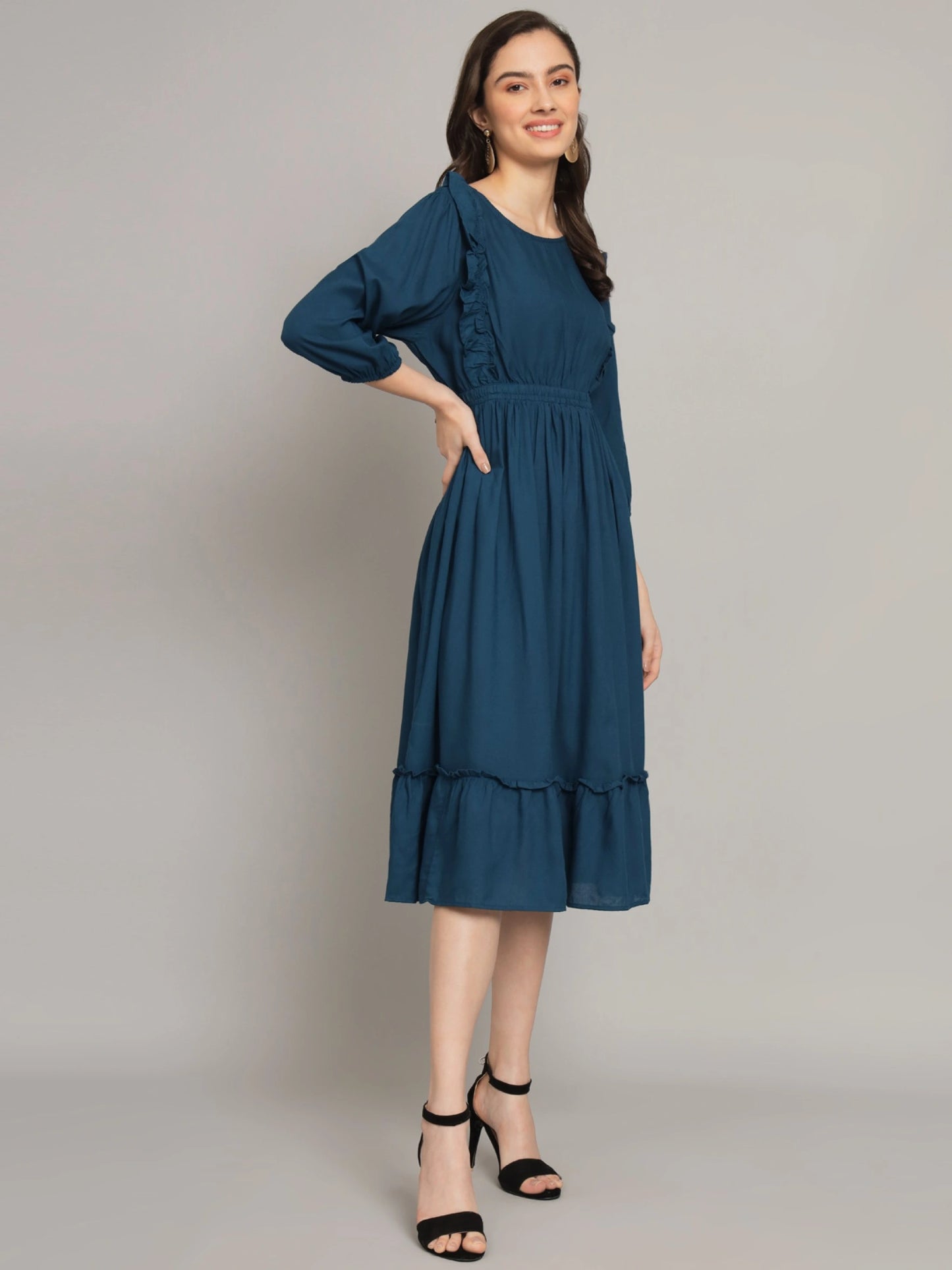 Women's Ruffle Detail Smocked Waist Midi Dress – Elegant Long Sleeve Casual Dress