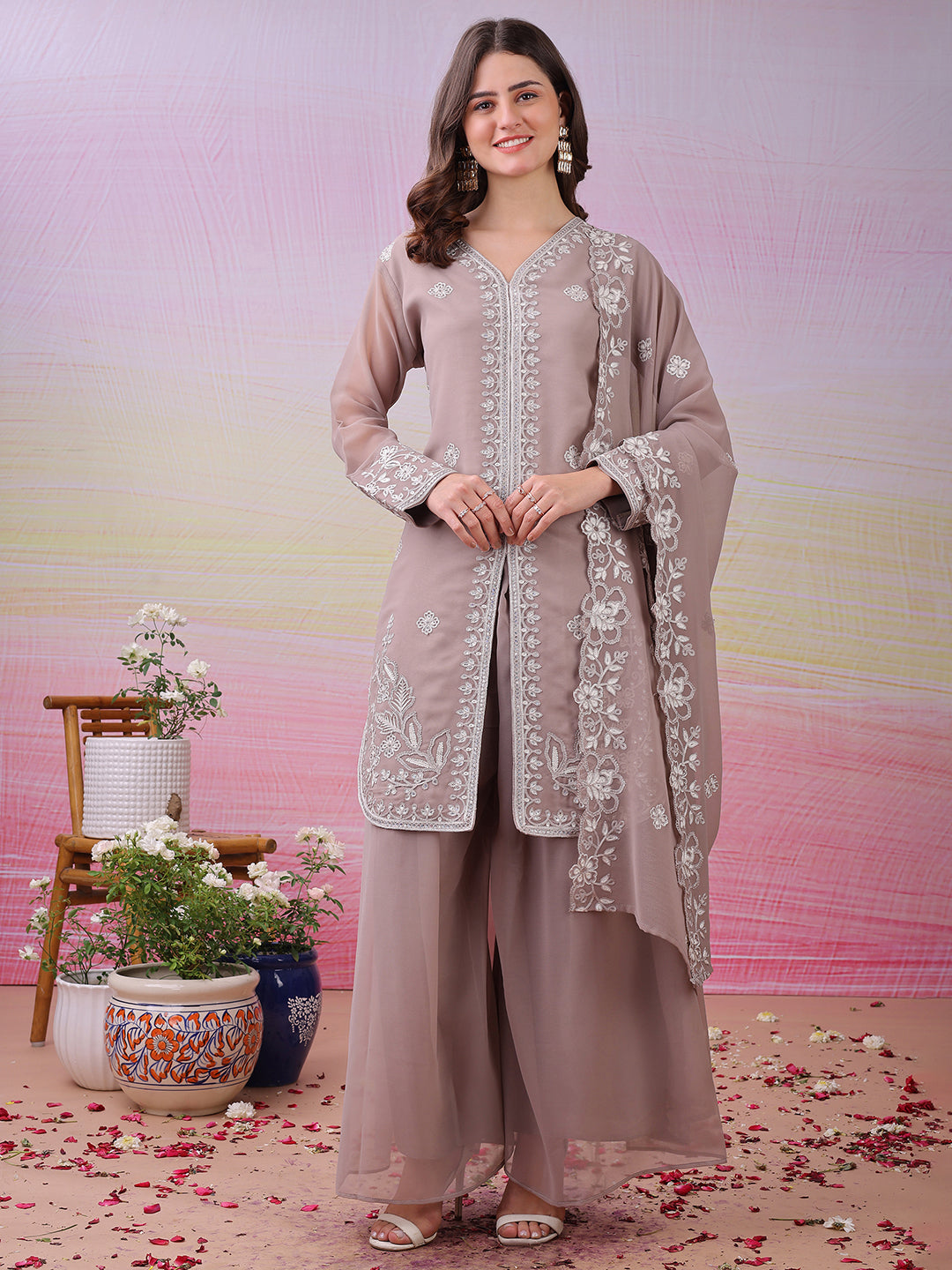 LooksValley Beige Georgette Embroidered Kurta Set with Palazzo & Dupatta | Elegant Party Wear Ethnic Suit for Women (Copy)