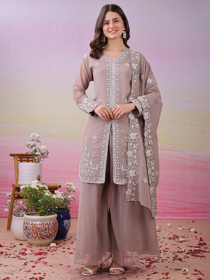 LooksValley Beige Georgette Embroidered Kurta Set with Palazzo & Dupatta | Elegant Party Wear Ethnic Suit for Women (Copy)