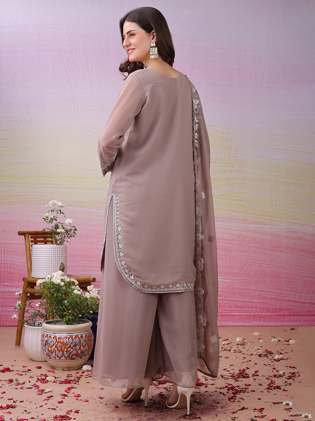LooksValley Beige Georgette Embroidered Kurta Set with Palazzo & Dupatta | Elegant Party Wear Ethnic Suit for Women (Copy)
