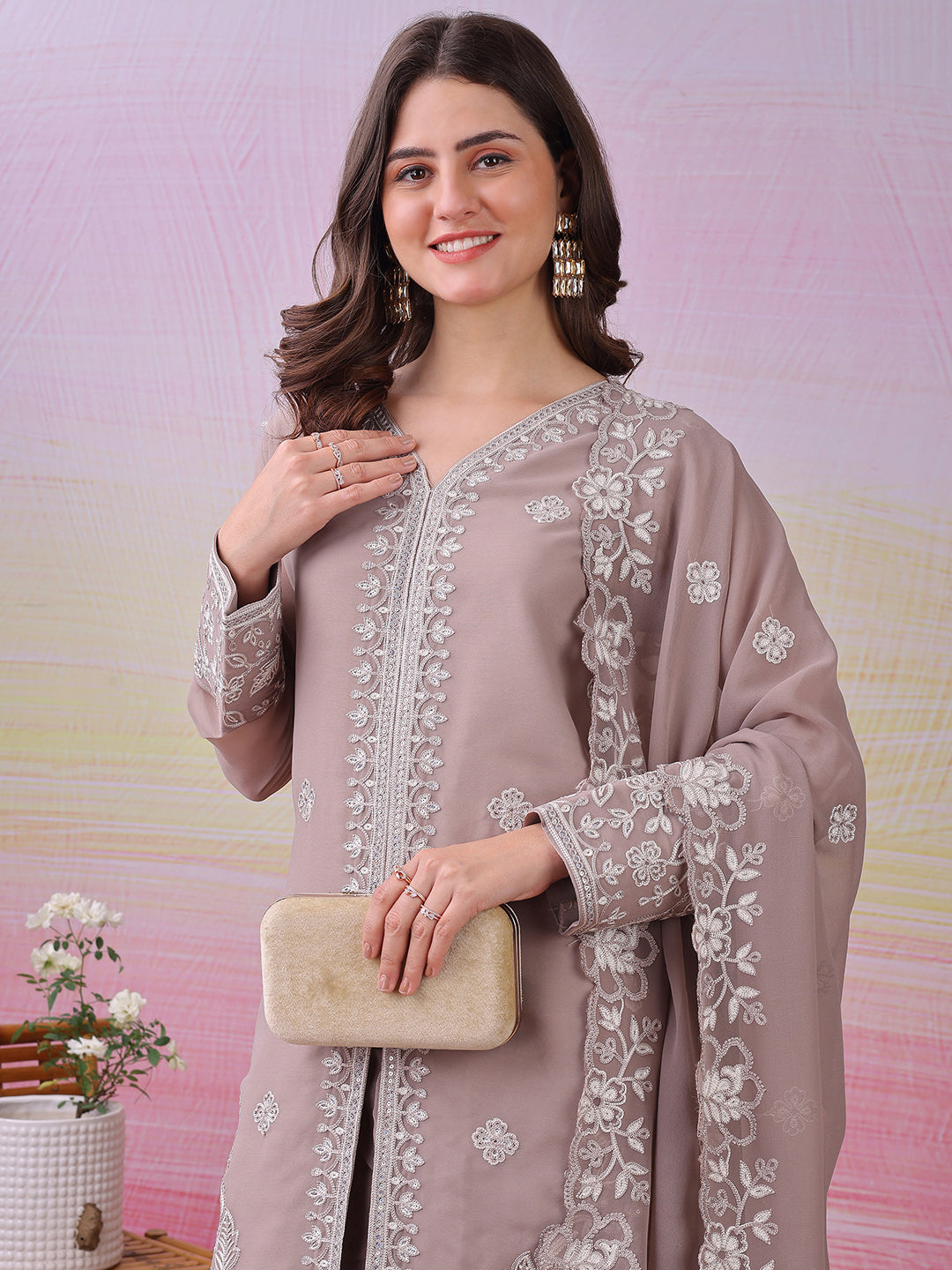 LooksValley Beige Georgette Embroidered Kurta Set with Palazzo & Dupatta | Elegant Party Wear Ethnic Suit for Women (Copy)