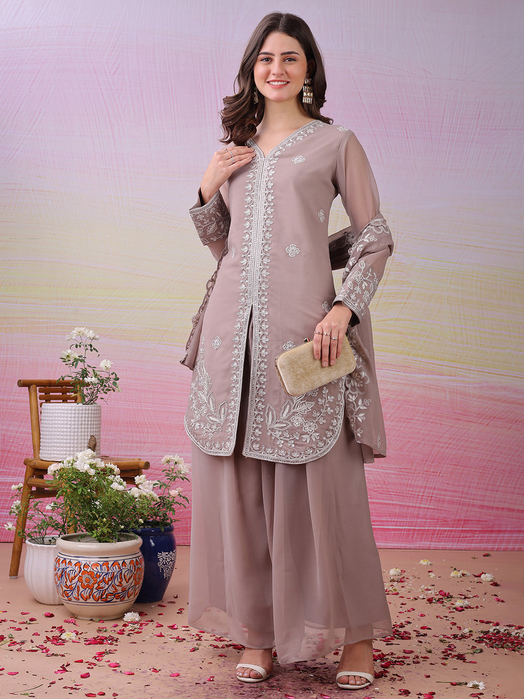 LooksValley Beige Georgette Embroidered Kurta Set with Palazzo & Dupatta | Elegant Party Wear Ethnic Suit for Women (Copy)