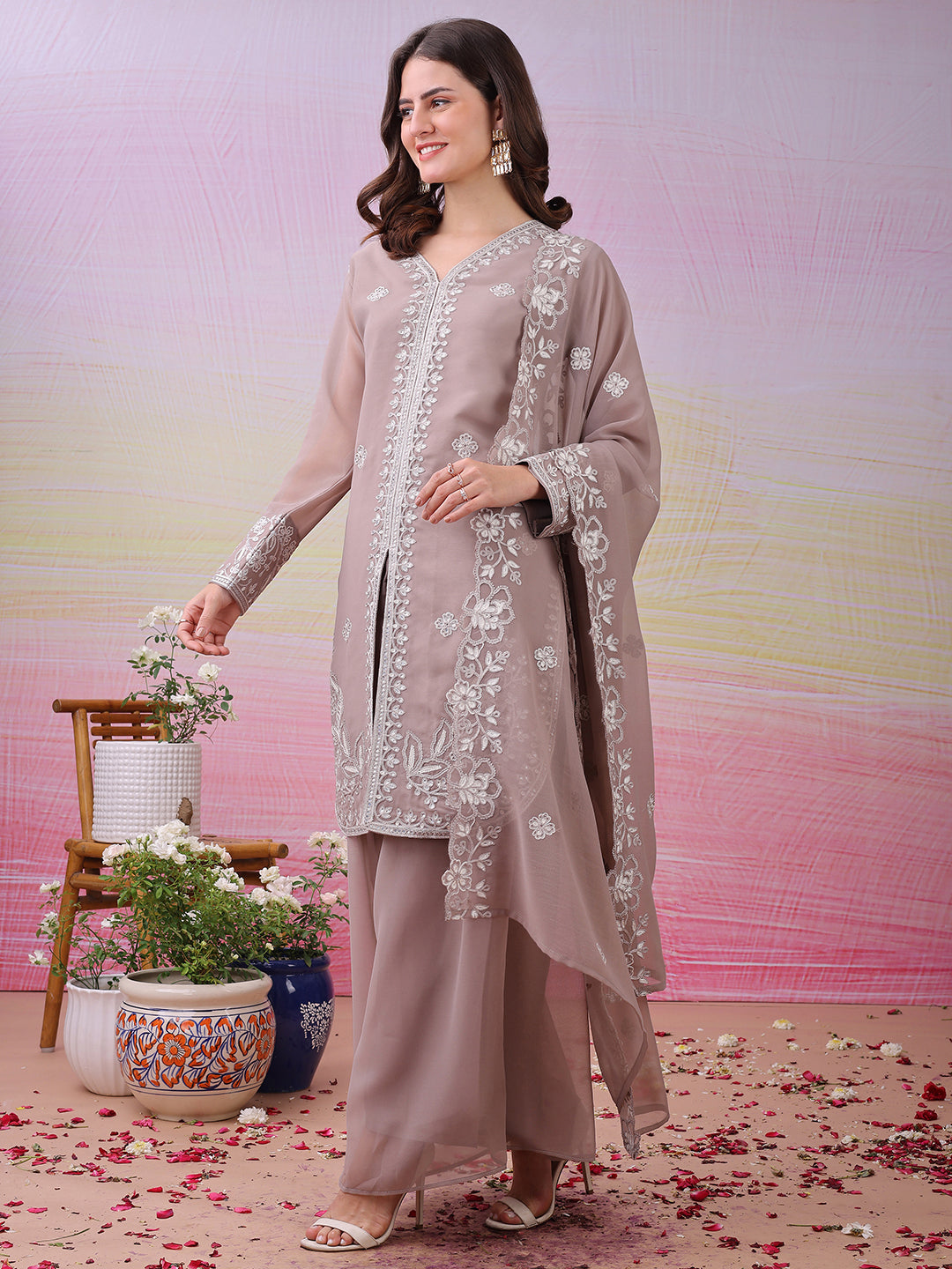 LooksValley Beige Georgette Embroidered Kurta Set with Palazzo & Dupatta | Elegant Party Wear Ethnic Suit for Women (Copy)