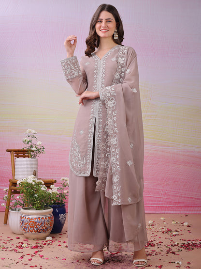 LooksValley Beige Georgette Embroidered Kurta Set with Palazzo & Dupatta | Elegant Party Wear Ethnic Suit for Women (Copy)