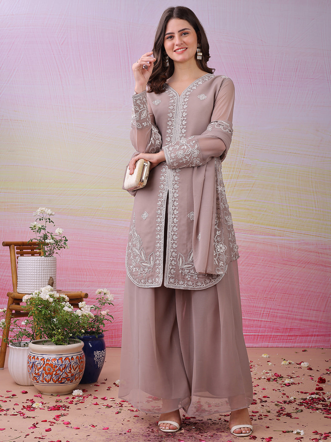 LooksValley Beige Georgette Embroidered Kurta Set with Palazzo & Dupatta | Elegant Party Wear Ethnic Suit for Women (Copy)