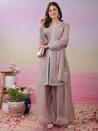 LooksValley Beige Georgette Embroidered Kurta Set with Palazzo & Dupatta | Elegant Party Wear Ethnic Suit for Women (Copy)