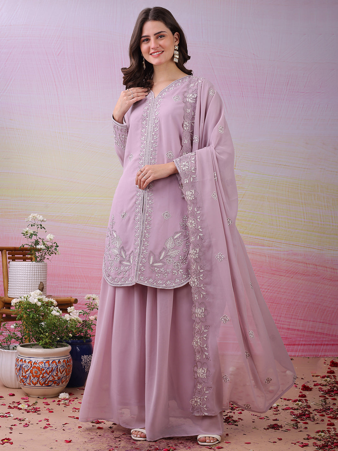 LooksValley Lavender Georgette Embroidered Kurta Set with Palazzo & Dupatta | Elegant Party Wear Ethnic Suit for Women
