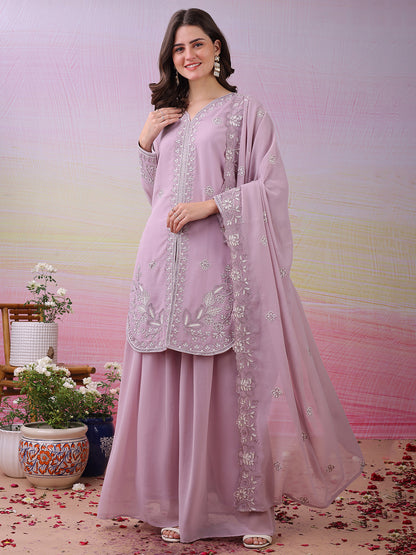 LooksValley Lavender Georgette Embroidered Kurta Set with Palazzo & Dupatta | Elegant Party Wear Ethnic Suit for Women