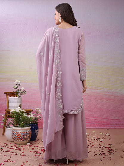 LooksValley Lavender Georgette Embroidered Kurta Set with Palazzo & Dupatta | Elegant Party Wear Ethnic Suit for Women