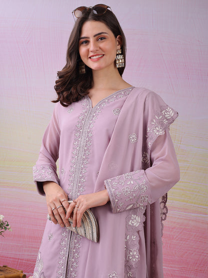 LooksValley Lavender Georgette Embroidered Kurta Set with Palazzo & Dupatta | Elegant Party Wear Ethnic Suit for Women