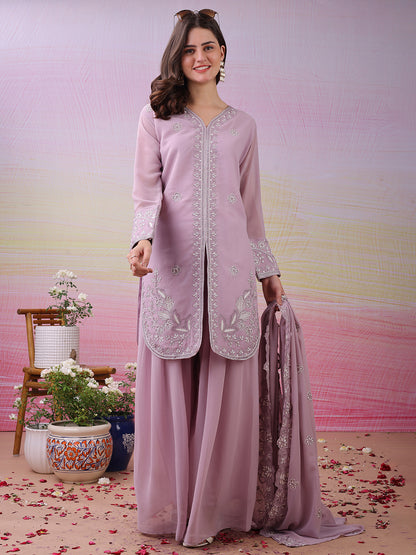 LooksValley Lavender Georgette Embroidered Kurta Set with Palazzo & Dupatta | Elegant Party Wear Ethnic Suit for Women