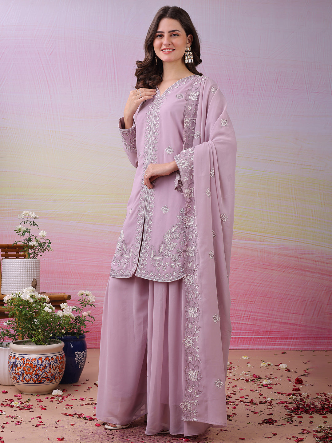 LooksValley Lavender Georgette Embroidered Kurta Set with Palazzo & Dupatta | Elegant Party Wear Ethnic Suit for Women